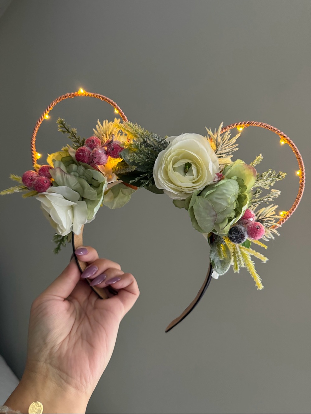 Holiday Floral LED Minnie Ear Headband - White, Green, and Cranberry